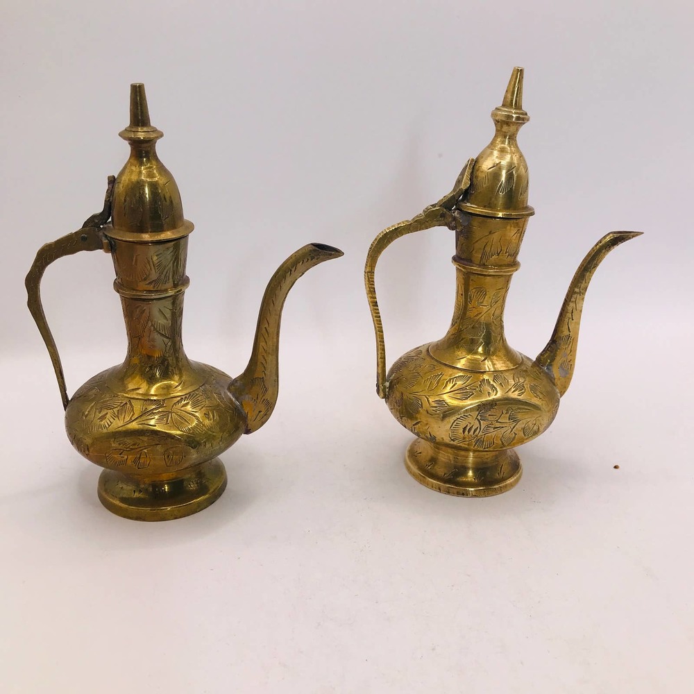 2 Brass Lidded Teapots or Genie Oil Lamp Pitcher Etched Ornate ZY India